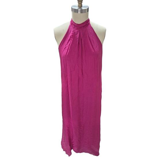 Angela Moda NWT Italian Silk Blend Halter Neck Maxi Dress Fuchsia Pink L - Picture 2 of 8